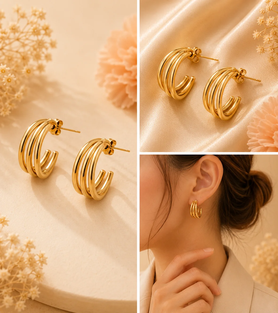 Gold Triple-Stand C-Hoop Earrings